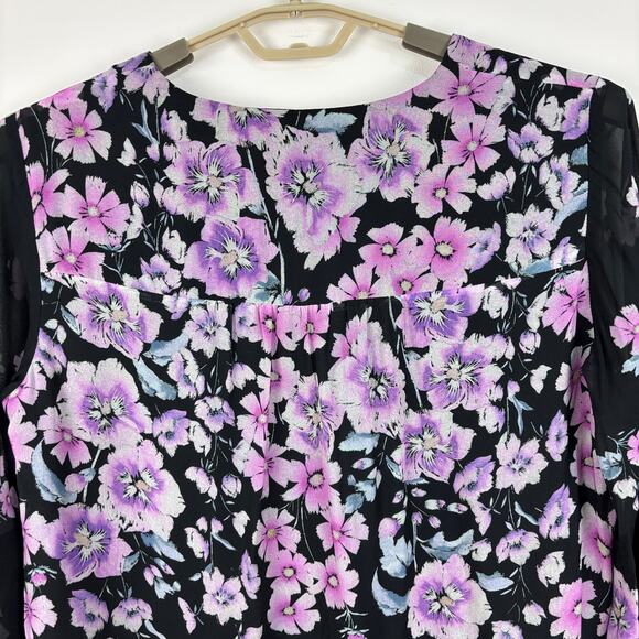 Nanette Lepore Zen Floral Silk Blouse Black Pink Sheer Large Fairy Feminine - Picture 8 of 15